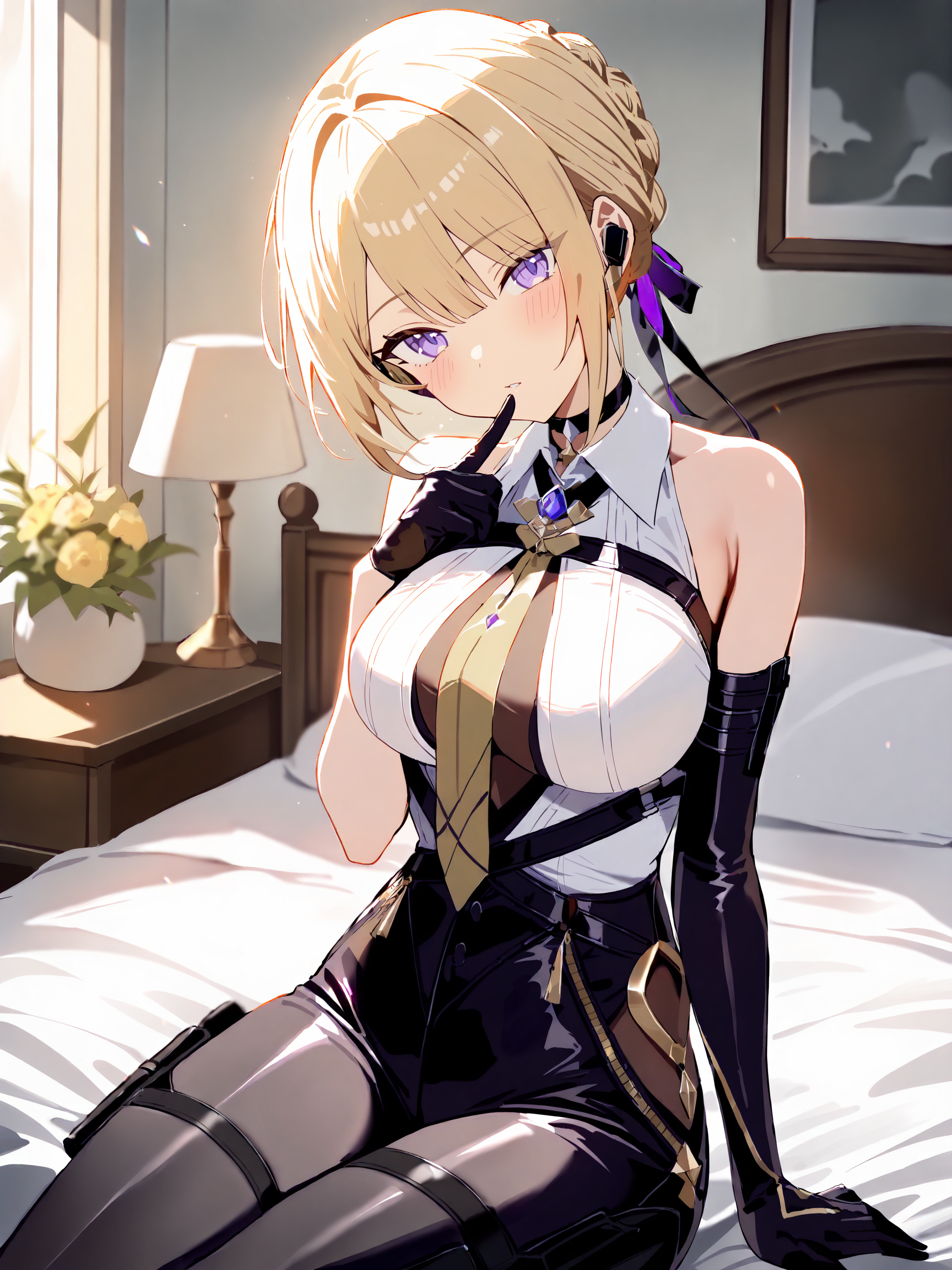 masterpiece, high score, great score, absurdres, blonde hair, purple eyes, <lora:Char-ZZZ-Evelyn-V1-XL:1:hr=0.6>, 1girl, solo, evelyn chevalier, braided bun, hair up, black hair ribbon, earpiece, thigh holster, high-waist tight pants, black gloves, collared sleeveless shirt, chest harness, arm strap, single gauntlet, yellow necktie, pendant choker, cowboy shot, bedroom, sitting on bed, bedroom, finger to mouth, head tilt, parted lips, looking at viewer, blush, depth of field