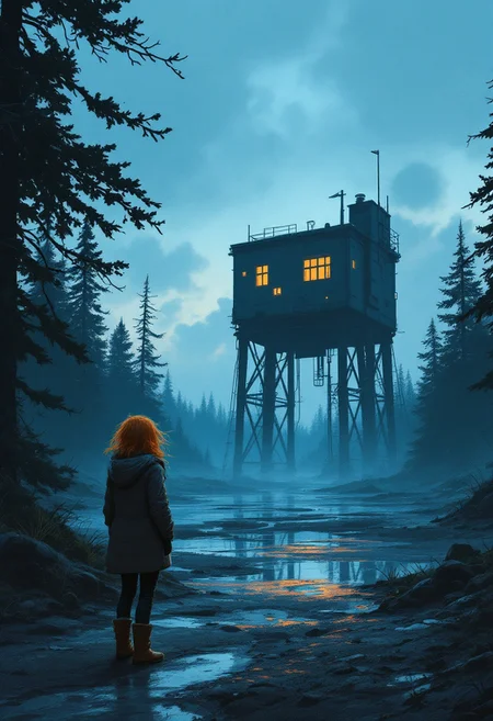 Illustration by Simon Stalenhag, a solitary girl standing in the foreground wearing a warm jacket and boots, slightly messy orange hair blowing in the wind, looking up at a tall, elevated outpost building on stilts, bathed in cool blue twilight tones, warm orange light glowing from windows and small lamps, reflections on the wet, muddy ground beneath the structure, dense pine trees surrounding the area, overcast sky with faint clouds, a sense of isolation and mystery, realistic textures with painterly brushstrokes, muted and atmospheric color palette, subtle hints of technology blending with nature