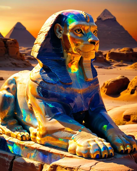 translucent great sphinx carved from opal, lapis lazuli, gold, alabaster, desert, refracted light, reflections, sunset hour, shadows, intense colors, high contrast, <lora:add-detail-xl:1.0>, <lora:xl_more_art-full_v1:0.6>, <lora:XSfenlie:1> fenliexl, <lora:lora:1>, realistic photo