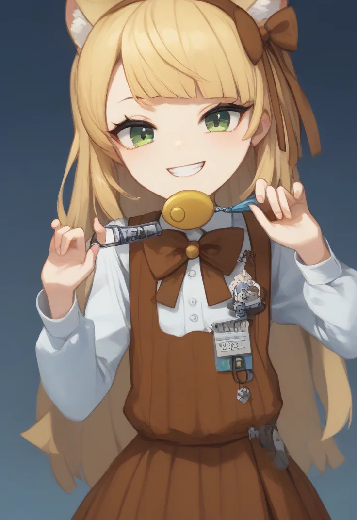(score_9, score_8_up:1.1), score_7_up, masterpiece, perfect face, beautiful face, perfect hands, beautiful hands, <lora:crimepreventionbuzzer_Pony_v1:1>, <lora:Tiphereth_PM:1>, ((crime prevention buzzer, holding, hands up, buzzer)), Tiphereth, TipherethLC, long hair, blonde hair, green eyes, brown skirt, black pantyhose, white shirt, brown bow, brown ribbon, upper body, looking at viewer, grin, simple background