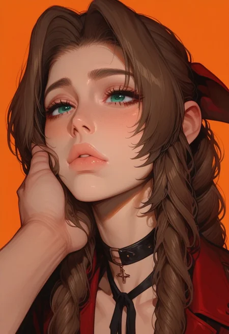 (score_9, score_8_up, score_7_up), 1girl, 18yo, Aerith Gainsborough, large braid, brown hair, skinny, slim, small breasts, full lips, morimee_style, cute face, artist:moriimee, 748cmstyle, cute face, choker, (bored eyes:0.9), scornful look, face, neck, portrait, close up, extreme closeup, orange background, facegrab, light-skinned male
