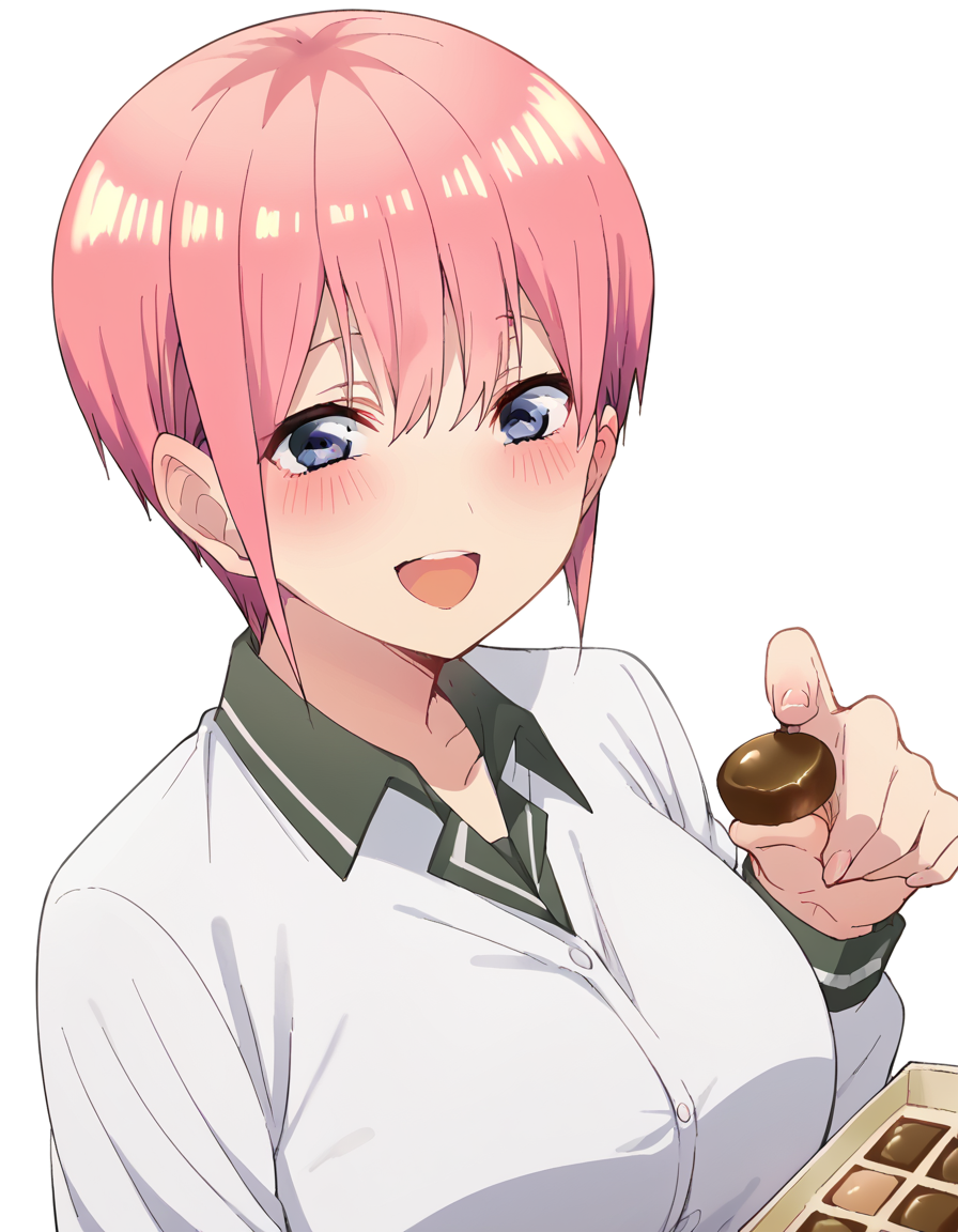 score_9, score_8_up, score_7_up, source_anime, <lora:ichika-nakano-s2-ponyxl-lora-nochekaiser:1>, ichika nakano, short hair, bangs, blue eyes, hair between eyes, pink hair, pixie cut, mature female, large breasts, <lora:incoming-chocolate-ponyxl-lora-nochekaiser:1> incoming food, chocolate, holding, holding chocolate, holding food, food, looking at viewer, open mouth, blush, smile, school uniform,, ,