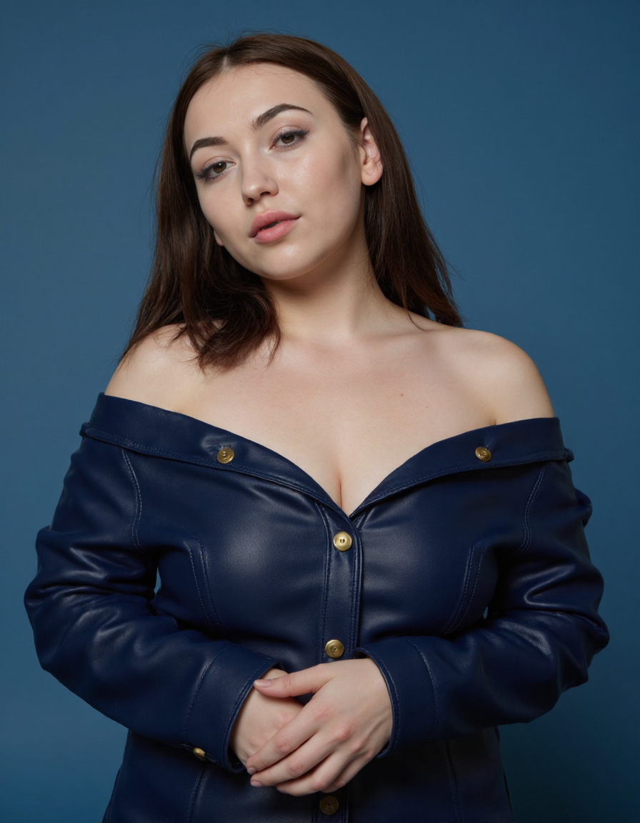 The image is a high-resolution photograph of a young woman of East Asian descent, likely in her late twenties to early thirties. She has a fair complexion and long, straight, dark brown hair that cascades past her shoulders. Her facial features are delicate, with high cheekbones, well-defined eyebrows, and full lips. She is wearing a deep blue, off-the-shoulder, long-sleeved leather jacket that buttons up the front with brass buttons. The jacket is snug-fitting, accentuating her slender physique and medium-sized breasts. Her hands are clasped together in front of her, and she is looking down at the floor with a contemplative expression., 
The background is a solid, gradient blue, which contrasts with her outfit and skin tone, making her stand out. The lighting is soft and even, highlighting the texture of her jacket and the smoothness of her skin. The photograph is taken from a slightly elevated angle, providing a top-down view that emphasizes her posture and the details of her outfit. The overall mood of the image is one of quiet introspection, with a focus on the subject's attire and facial expression., <lora:amelia:1>