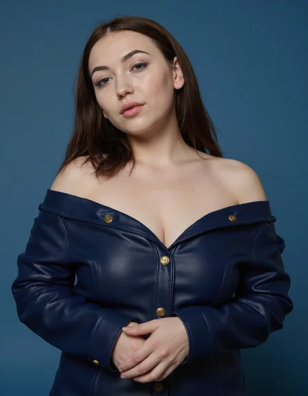 The image is a high-resolution photograph of a young woman of East Asian descent, likely in her late twenties to early thirties. She has a fair complexion and long, straight, dark brown hair that cascades past her shoulders. Her facial features are delicate, with high cheekbones, well-defined eyebrows, and full lips. She is wearing a deep blue, off-the-shoulder, long-sleeved leather jacket that buttons up the front with brass buttons. The jacket is snug-fitting, accentuating her slender physique and medium-sized breasts. Her hands are clasped together in front of her, and she is looking down at the floor with a contemplative expression.,
The background is a solid, gradient blue, which contrasts with her outfit and skin tone, making her stand out. The lighting is soft and even, highlighting the texture of her jacket and the smoothness of her skin. The photograph is taken from a slightly elevated angle, providing a top-down view that emphasizes her posture and the details of her outfit. The overall mood of the image is one of quiet introspection, with a focus on the subject's attire and facial expression., <lora:amelia:1>