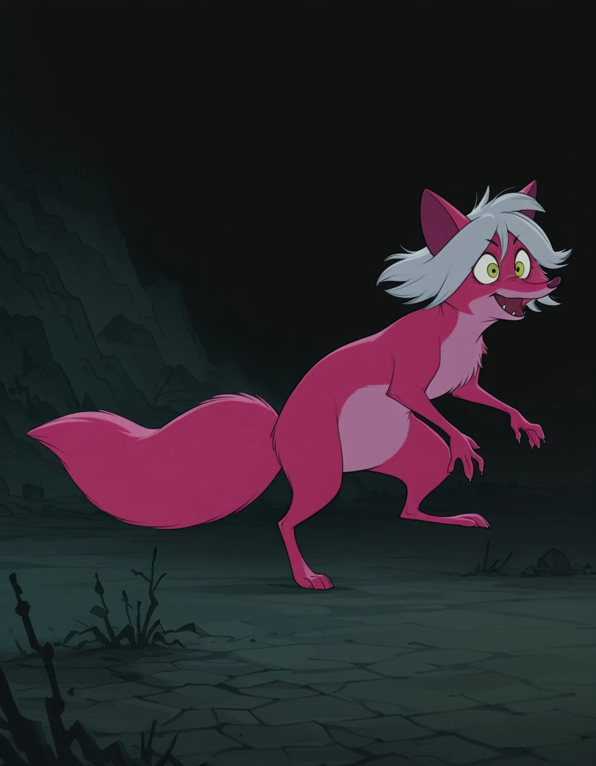 smooth quality, masterpiece, very intricate, high quality details, ultra realistic, high detailed skin, detailed environment, absurdres, solo, simple background, black background, color drain, erosfoxmadammim, fox, pink fur, (green eyes or yellow eyes), grey hair, pointy ears, tail
