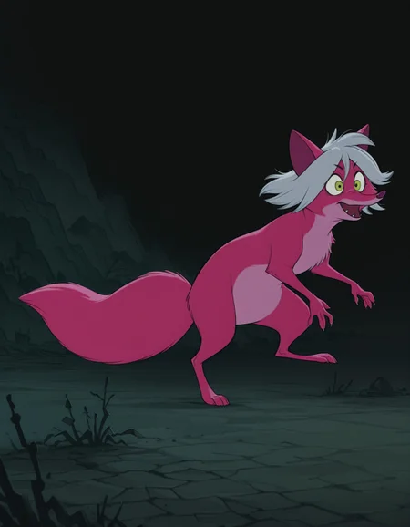 smooth quality, masterpiece, very intricate, high quality details, ultra realistic, high detailed skin, detailed environment, absurdres, solo, simple background, black background, color drain, erosfoxmadammim, fox, pink fur, (green eyes or yellow eyes), grey hair, pointy ears, tail