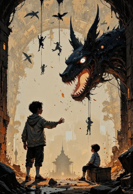 Create a beautifully detailed sketch capturing a fantastical world infused with nostalgia and shadowy intrigue. The style features clean, confident outlines with soft watercolor washes, balancing warmth and accessibility with intricate detail. The palette contrasts muted tones—warm ochres, soft reds, creamy whites—with stark, inky blacks, creating a dramatic interplay of light and shadow that evokes both innocence and mystery. The atmosphere blends vintage children’s book charm with an eerie undertone, as if balanced between reality and a shadowy dreamscape.
Characters should have naturalistic proportions and subtle expressiveness, their features gently exaggerated to reflect curiosity, resilience, or vulnerability. Dynamic shadow puppet figures may emerge in the background, their silhouettes adding to the narrative and reinforcing the duality of light and shadow. The focus will be on a specific subject—An extreme close-up reveals Henry’s hand brushing against a shadowy wall, his fingers trailing through silhouettes of puppet figures trapped beneath the surface. The camera follows their frantic movements, their tiny faces and limbs pressing outward, as though pleading for release—carefully integrated into the scene. The composition is grounded yet surreal, seamlessly merging whimsical simplicity with haunting, thought-provoking detail to invite wonder and introspection.