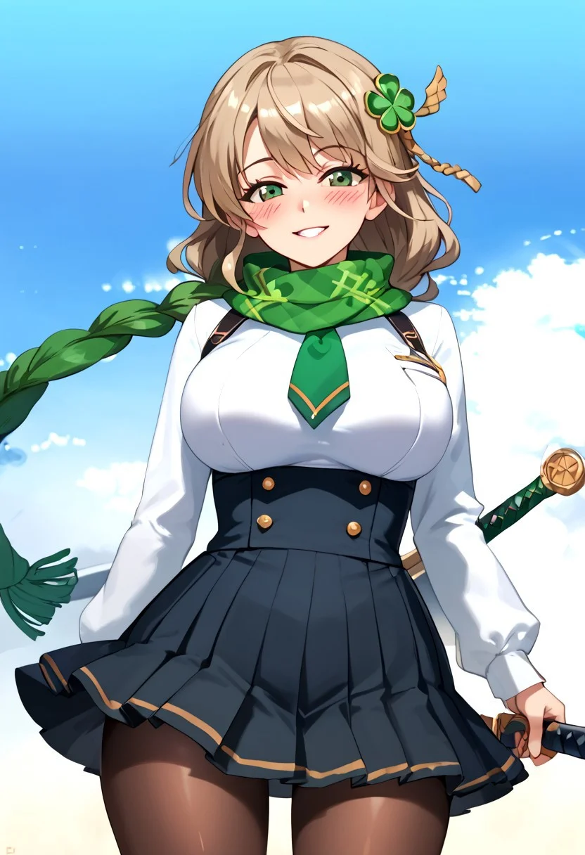 score_4,score_5,score_6,score_7_up,score_8_up,score_9 ((masterpiece,best quality,ultra detailed,highres,HD,4k:1.2)),
Nutaku,Project QT,((face focus,Close camera angle)),
1girl, green scarf, clover hair ornament, breasts, green eyes, scarf, solo, long hair, pantyhose, necktie, skirt, hair ornament, weapon, clover, braid, four-leaf clover hair ornament, large breasts, single braid, very long hair, looking at viewer, sword, high-waist skirt, four-leaf clover, brown pantyhose, holding, sky, school uniform, light brown hair, blush,
smile,blush,