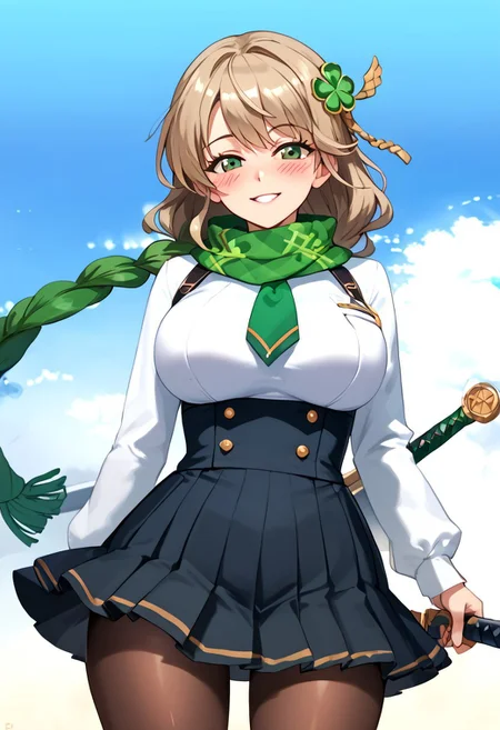 score_4,score_5,score_6,score_7_up,score_8_up,score_9 ((masterpiece,best quality,ultra detailed,highres,HD,4k:1.2)),
Nutaku,Project QT,((face focus,Close camera angle)),
1girl, green scarf, clover hair ornament, breasts, green eyes, scarf, solo, long hair, pantyhose, necktie, skirt, hair ornament, weapon, clover, braid, four-leaf clover hair ornament, large breasts, single braid, very long hair, looking at viewer, sword, high-waist skirt, four-leaf clover, brown pantyhose, holding, sky, school uniform, light brown hair, blush,
smile,blush,
