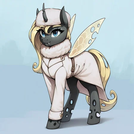masterpiece, score_9_up, score_8_up, score_7_up, score_6_up, (best quality:1.1), ultra-detailed, high resolution, 1character, solo, Yaria, changeling queen oc, mlp, feral, black skin, long blonde mane, blonde eyebrows, (((beautiful detailed blue eyes))), long eyelashes, single horn, animal ears, yellow insect wings, closed mouth, fang, white coat, fur collar, fur hat, full body, detailed facial features, expressiveh, simple background, highly visible, sharp focus, anatomically correct