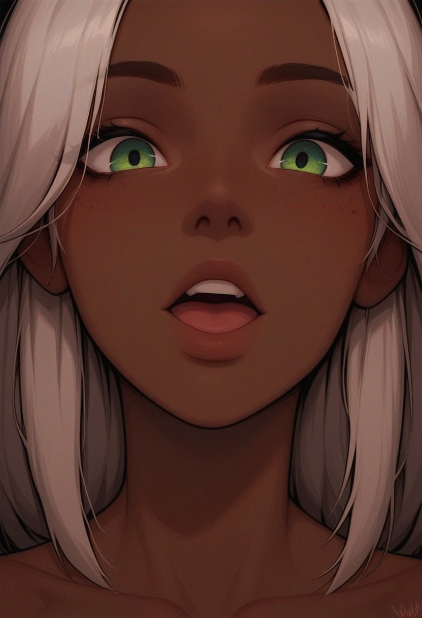 masterpiece, best quality, amazing quality, p0nyd1sney1ncasev1x0n2:1.5, 1girl, 25 years old, perfect face, 
dark skin, white hair, 
green eyes,