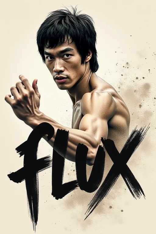 <lora:Martial_Arts_World:1>
Scene Description: Bruce Lee in Ink Wash Style
Setting:
Background: The scene is set against a subtle, misty backdrop of soft ink wash, evoking a sense of calm and focus.  The background is lightly textured, allowing the main elements to stand out without distraction.
Main Character:
Bruce Lee: The iconic martial artist is depicted in a powerful half-body pose.  His expression is intense and focused, embodying the spirit of a warrior.  His well-defined muscles and dynamic posture showcase his strength and agility, emphasizing the essence of kung fu.
Details: Bruce Leeâs face bears visible scratches and bruises, telling a story of resilience and determination.  The ink wash technique captures the subtle play of light and shadow on his face, highlighting the contours and expressions that convey both intensity and grace.
Calligraphy:
Text: The focal point of the artwork is the bold, dynamic brush strokes of "FLUX - YYDS."  The text is large and expressive, designed to resemble the fluidity and power of kung fu movements.  Each letter is intricately crafted, with bold strokes that convey energy and motion, almost as if they are in motion themselves.
Style: The calligraphy is rendered in a way that mimics the fluidity of martial arts, with sweeping curves and sharp angles that evoke the essence of Bruce Leeâs fighting style.  The splashes of ink around the text add to the sense of action and vitality, making it the centerpiece of the composition.
Additional Elements:
Ink Effects: The entire artwork employs soft ink wash effects, creating a harmonious blend of colors and textures.  The interplay of light and shadow enhances Bruce Leeâs features, making him pop against the background while the text remains the primary focus.
Atmosphere:
The overall mood is one of strength, resilience, and the spirit of martial arts.  The bold text "FLUX - YYDS" commands attention, emphasizing the theme of movement and vitality, while Bruce Leeâs powerful presence embodies the essence of kung fu and determination.  This piece captures a moment of energy and focus, celebrating the legacy of Bruce Lee in an artistic and dynamic way.