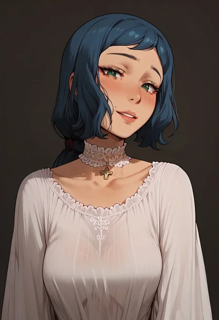 score_9, score_8_up, score_8. score_9, score_8_up, score_7_up, score_6_up, masterpiece, 4k, high quality, (best quality:1.1), ExpressiveH
1girl, solo, iori rinko,blue hair,green eyes,mature female,ponytail, blushing, looking at viewer, smiling, g0dd3ss, white dress
green background