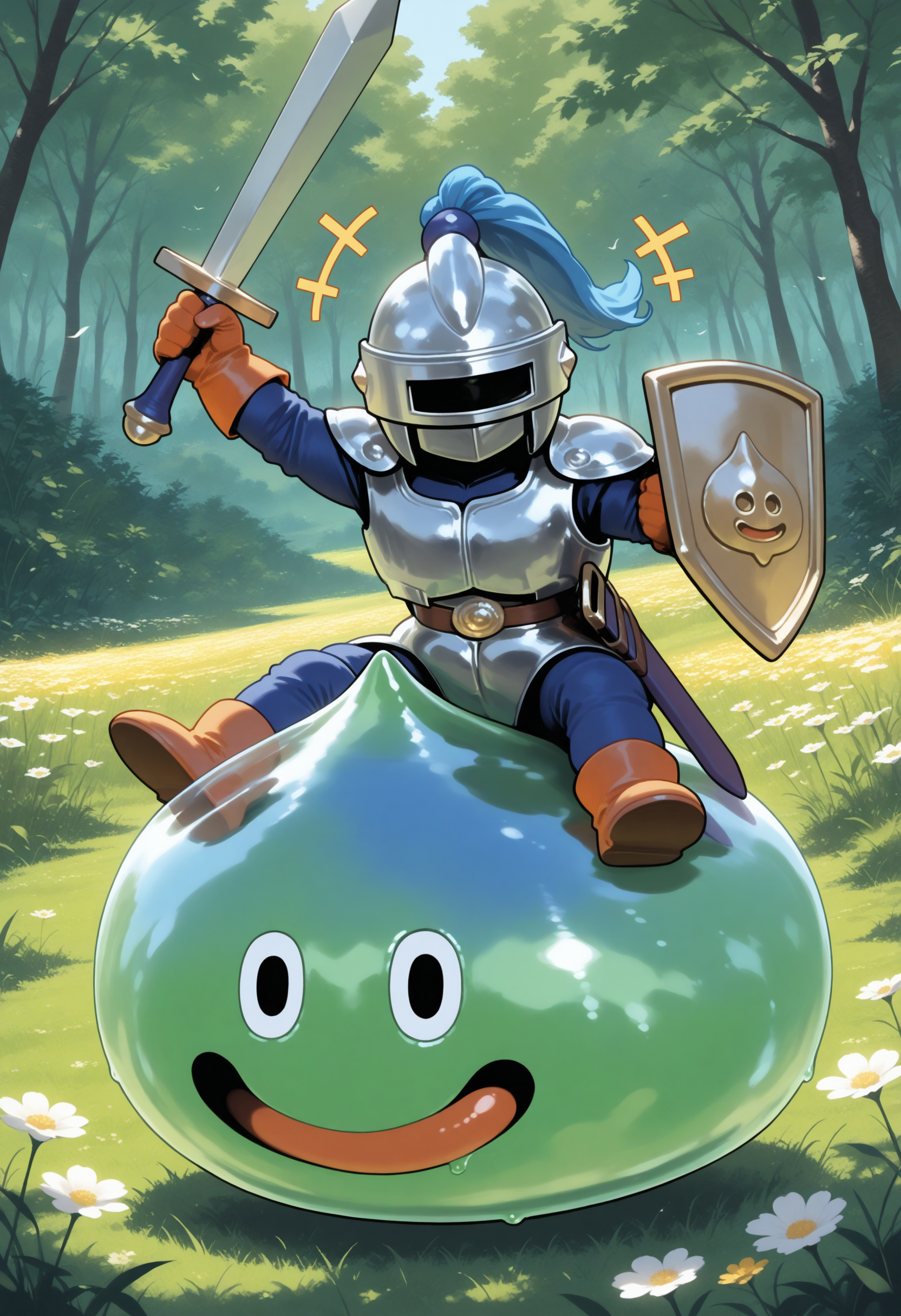 masterpiece,best quality,nature,field,slime knight,slime_(dragon_quest),armor,helmet,knight,riding,green skin,holding sword,holding shield,<lora:slime knight-NAIvPred:1>,+++,arms up,