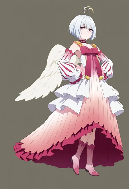 masterpiece, best quality, very aesthetic, absurdres,
1girl, fitoria, ahoge, white hair, pink eyes, short hair,
angel wings, feathered wings,
bow, choker, detached sleeves, dress, frills, long sleeves, puffy sleeves, boots,
hands on hips, full body, solo, looking at viewer, simple background, solid grey background <lora:FitoriaIllustriousXL_byKonan:1>