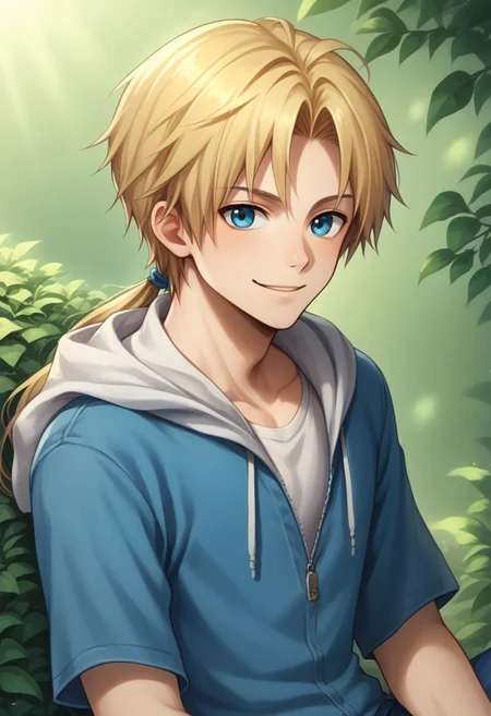 score_9, score_8_up, score_7_up, source_anime, highly detailed, 1boy, solo, skinny, cute,
zidane, 1boy, blonde hair, long hair, monkey tail, low ponytail, bangs, parted bangs, male focus, solo, gloves, blue eyes,
contemporary, hoodie, hood, denim, upper body, smile,
outdoor, sit,