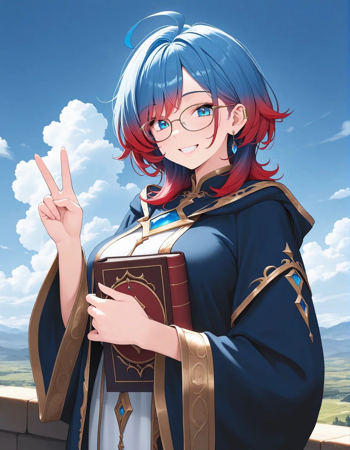 1girl, masterpiece, medium hair, solo, blue hair, earring, earclip, blue eyes, sky, holding book, scenery, gradient hair, red hair, cloudy sky, robe, gold trim, grin, v, looking at viewer, glasses, ahoge