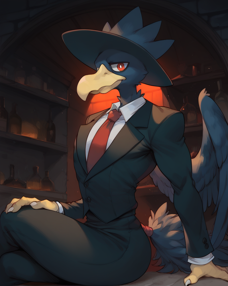 score_9, score_8_up, score_7_up, score_6_up,
BREAK
pokemon (creature), gorgeous, anthro, male, 1boy,solo, no humans, OverallDetail, Expressiveh,
murkrow, anthro, red eyes, wings, avian,
sexy, (indoor),(bar), (at the bar), (alcool), athletic, menacing eyes, mafia outfit, tuxedo,, front view, red tie,
<lora:Expressive_H:0.75>, <lora:add-detail-xl:1>, <lora:easynegative:1>, <lora:KrekkovLycoXLV2:0.75>, <lora:cutesexyronutts_style_xl:1>, <lora:POKEMON_MURKROW:1>