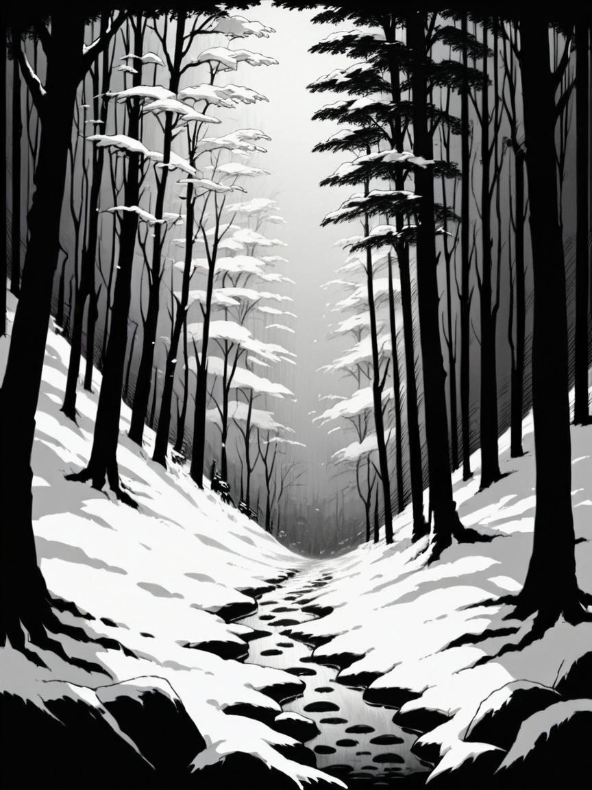 score_9, score_8_up, score_7_up, score_6_up, score_5_up, score_4_up,  <lora:c0ntr4stbwXLP:0.8> c0ntr4st, monochrome, high contrast, forest, snow