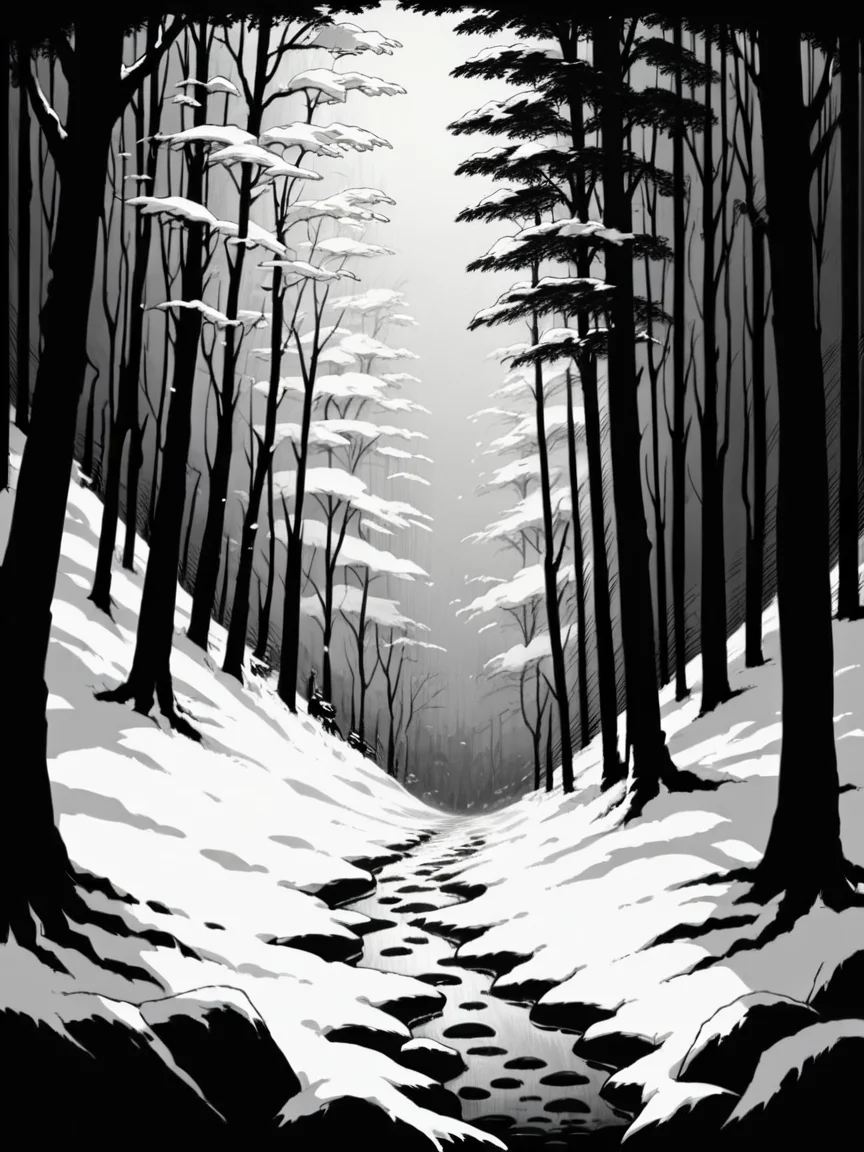score_9, score_8_up, score_7_up, score_6_up, score_5_up, score_4_up, <lora:c0ntr4stbwXLP:0.8> c0ntr4st, monochrome, high contrast, forest, snow