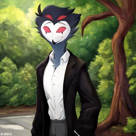 Stolas[Helluva], FuzzyBuns[Helluva],BlueBlood[Helluva], blue body, feathers, bird, anthro, anthro bird, white face, red sclera, black hands, messy hair, large messy hair, dark blue messy hair, 4eyes, two sets of eyes, tail, bird tail, black and blue legs, (male anthro bird:1.3).  Solo, alone, by himself, 1boy, male.  clothing, clothed, dressed, white shirt, shirt, white shirt, mid waisted slacks, grey mid waisted slacks, mid waisted dress pants, grey mid waisted dress pants, black coat, long black coat, 1920s coat, 1920s black coat.  thin, skinny body, skinny, thin body, twink, twink body, skinny body, skinny, (muscle:1.47), (twink body:1.7), (blue body:1.1).  
headshot, close to face, bustshot photo, bustshot.
outside, park, forest, woods, trees.
Realistic, Furry, Animalistic features, Anthro, Detailed, Shaded,
HD, digital painting, digital art, masterpiece.  standing, standing up.  
closed mouth, happy emotion.  
HD, digital painting, digital art, masterpiece ((bustshot portrait)), digital drawing (artwork), digital media (artwork), hi res, (furry art, uploaded on e621:1.1), best quality, highly detailed, intricate details, extremely detailed, perfect hands, negative_hand.