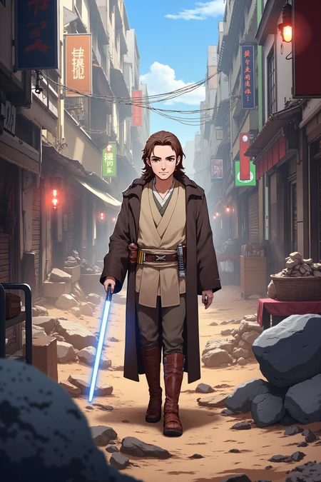 an anime image of man in jedioutfit is walking peacufully in rubbles of lost city<lora:JEDIOTFIT_FLUX> <lora:Videogame_Cartoon_Flux><lora:detailed_flux_ntc:2.2><lora:aidmaImageUpgrader-FLUX-V0.1:0.65>