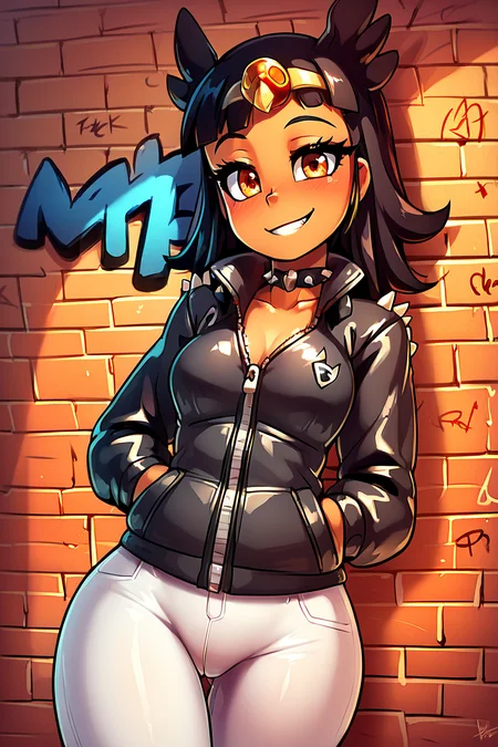 score_9, score_8_up, score_8, medium breasts, (curvy), cute, eyelashes, BREAK, , zzToto, dark skin, 1girl, blush, black hair, jewelry, <lora:Toto_Takatsu_PDXL_v2:0.8>, , BREAK, smile, looking at viewer, leather jacket, leather pants, black jacket, tight pants, black choker, zipper, biker clothes, spikes, multiple belts, shiny clothes, high collar, (graffiti:1.2), brick wall, cowboy shot, embedding:zPDXL, Expressiveh, <lora:theOtherHalfPDXL:0.8>, <lora:CatalystStylePDXL:0.6>, <lora:SDXLFaeTastic2400:0.5>, <lora:Expressive_H-000001:0.4>,