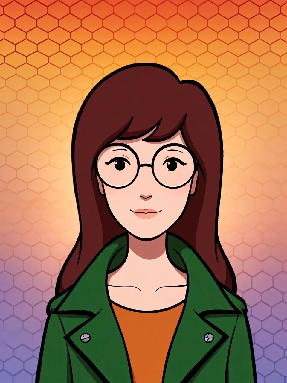 PonyXLV6_Scores, (rainbow gradient honeycomb \(pattern\) background:1.2), 1girl, solo, upper body portrait, warm slight smile, closed mouth, (looking at viewer:1.1), <lora:dariaTV_PDXL new:0.9> dariaTV, brown hair, long hair, dot eyes, lips, round glasses, green jacket, orange shirt,