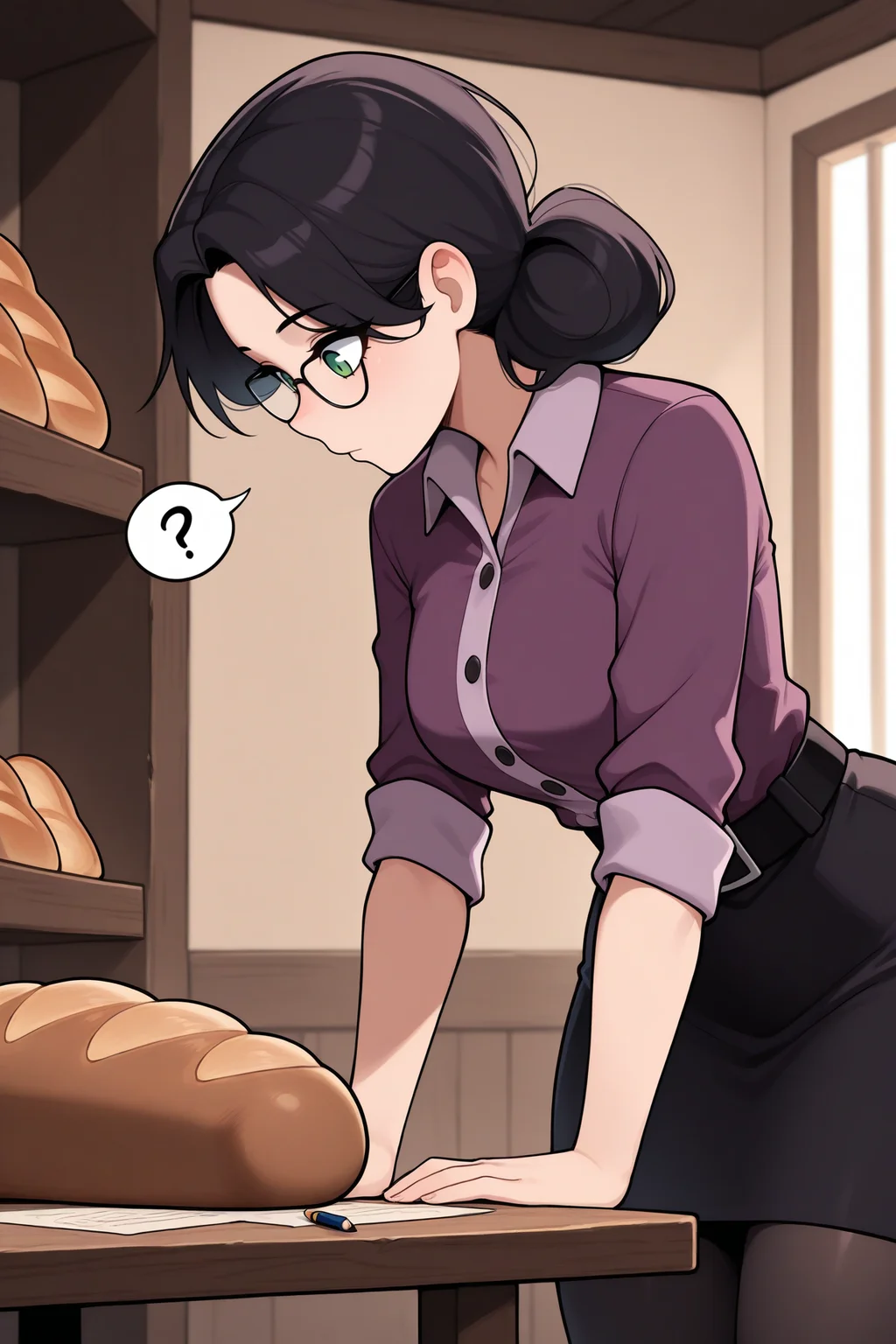 masterpiece, best quality, 1girl, solo, <lora:misspauling-illu-nvwls-v1-000006:1> tfmissp, black hair, medium hair, green eyes, glasses, purple shirt, collared shirt, buttons, short sleeves, black belt, pencil skirt, black skirt, black pantyhose, from side, table, loaf of bread, looking down, looking at another, indoors, spoken question mark, breasts