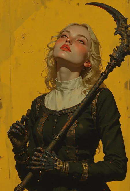 Nixport, a highly detailed digital illustration with a gothic, surreal aesthetic. The central figure is a young woman of fair complexion with a delicate, almost ethereal appearance. She has curly, platinum blonde hair that frames her face, and her eyes are a striking, glowing white, giving her a supernatural or otherworldly look. Her lips are painted a vivid red, adding a touch of dramatic contrast to her pale skin. She is dressed in a traditional nun's habit, but with a modern, gothic twist. The black habit is adorned with ornate, dark, almost skeletal-like patterns, which contrast starkly with the white collar and cuffs.
In her right hand, she holds a large, menacing scythe, its blade curved and jagged, suggesting a grim reaper-like entity. The background is a solid, vibrant yellow, which enhances the dark and ominous mood of the image. The lighting is soft but directional, highlighting the textures of her clothing and the intricate details of the scythe. The overall composition is dynamic, with the woman's head tilted back and her eyes closed, suggesting a sense of surrender or contemplation. The image blends elements of religious symbolism with dark fantasy, creating a powerful and evocative visual narrative.