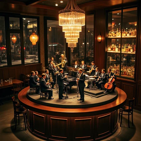 A miniature diorama of a big band performing on a stage placed on the counter of a stylish bar. A total of 17 members, dressed in matching suits, sit on a stepped stage. 4 trumpets, 4 trombones, 5 saxophones, piano, bass, drums and guitar. A supreme artistic moment where everyone is immersed in the joy of sound. A magical evening, a conductor, <lora:Flux.1_Turbo_Detailer:0.7>, <lora:Diorama_Flux:0.9>
