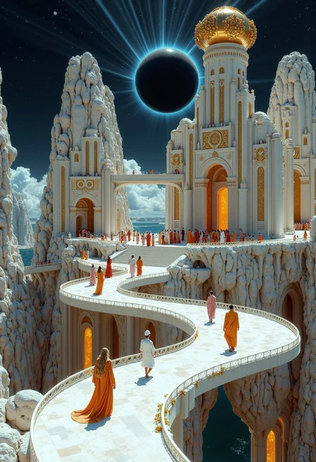 ancientstyle, An ancient Greek civilization suspended in the vastness of endless cosmic space. Majestic temples, built from white marble, rise atop colossal asteroids that float through the void. Elegant bridges of fine marble span between these celestial islands, connecting the grand structures. Water flows in mesmerizing streams from the asteroids' surfaces, cascading down in ethereal waterfalls that gather in shimmering pools. In the background, ancient stars slowly collapse into black holes, creating a cosmic backdrop of awe-inspiring grandeur.
People dressed in flowing classical robes walk gracefully across the scene, celebrating a grand festival. Colorful fabrics and intricate decorations adorn the temples, waving gently in the space-bound breeze. Golden and silver technology, seamlessly integrated into the marble structures, reveal the advanced capabilities of this ancient civilization. Pipes and conduits of unknown origin pierce through the buildings, glowing faintly with otherworldly energy, a testament to their mastery of both the natural and the cosmic. This harmonious blend of ancient tradition and futuristic technology paints a surreal vision of a civilization thriving among the stars.