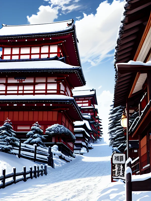 (extremely detailed CG unity 8k wallpaper),(masterpiece), (best quality), (realistic), (((japan))), snowy japanese streets, scenery, style-winter, detailed, fluffy clouds in the sky, (paint splashes:1.3), (splatter:1.2), outrun, vaporware, shaded flat illustration, digital art, trending on artstation, highly detailed, fine detail, intricate, ((lens flare)), (backlighting), (bloom), [Style-Micro::30], (((geisha in kimono)))