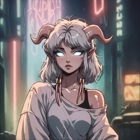 score_9, score_8_up, score_7_up, score_6_up, score_5_up, score_4_up,
BREAK
vintage, 1990s \(style\),
a gorgeous draenei girl over a future cityscape, depth of field, oversized shirt, off one shoulder, (shiny skin:1.4), cold lighting, detailed face, clear eyes, depth of field, messy hair, (intricate), shy, glowing eyes, detailed eyes, detailed background, neon trim, neon lights
<lora:OldAnimeStyle_XL_v3:0.75>