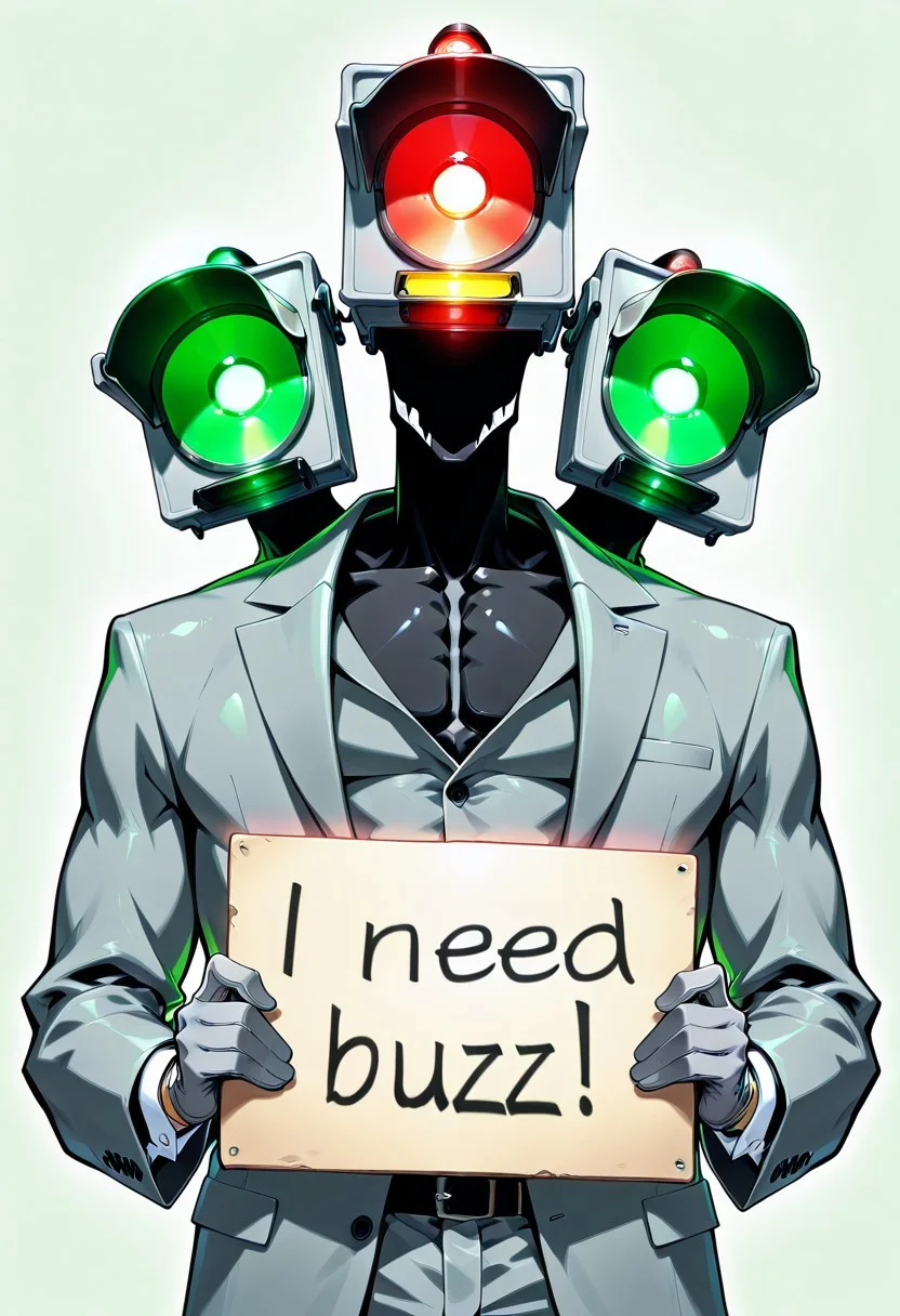humanoid, male, traffic face, no mouth, (((black skin, black body, grey suits))), glowing traffic face, (((Traffic light as face,Detailed traffic light as head, 3 head:1.4)), red yellow green traffic, grey gloves, fingers,
masterpiece, best quality, amazing quality, 8k, face focus, face only, looking at viewer, holding sign with text "need buzz", buzz