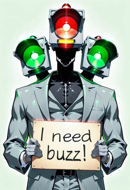 humanoid, male, traffic face, no mouth, (((black skin, black body, grey suits))), glowing traffic face, (((Traffic light as face,Detailed traffic light as head, 3 head:1.4)), red yellow green traffic, grey gloves, fingers,
masterpiece, best quality, amazing quality, 8k, face focus, face only, looking at viewer, holding sign with text "need buzz", buzz