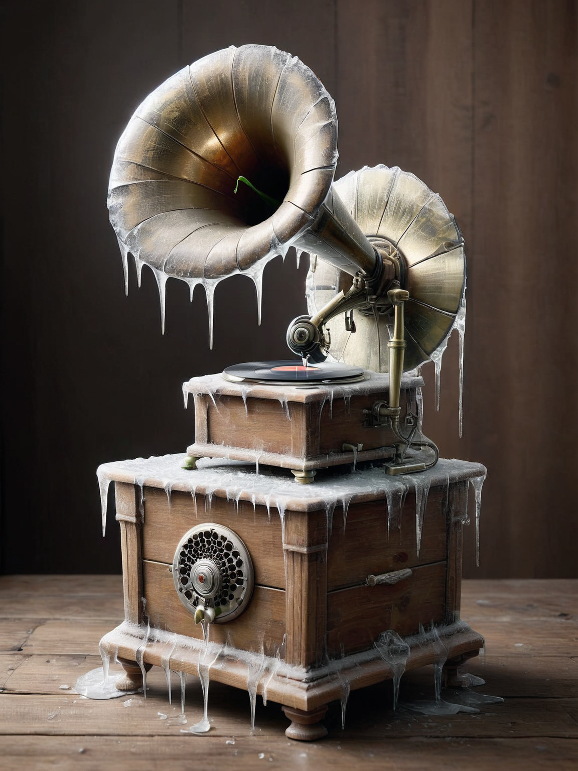 ais-sproutz antique gramophone on a wooden side table <lora:Sprouting_Spring_SDXL:1>