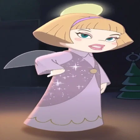 score_9, score_8, pin-up, j_cartoon, Disney, highly detailed, ((detailed shaders)), BREAK, pale skin, porcelain skin, blue headband, blush stickers, dancing, pink lips, purple headband, full body, long sleeves, blunt bangs, green eyes, hand on hip, fairy wings, halo, night, looking up, 1 girl, profile, full moon, looking at viewer, simple background, teeth,