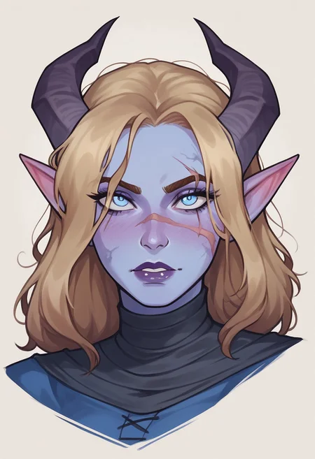 score_9, score_8_up, score_7_up, score_6_up, score_5_up, score_4_up, eye contact, looking at viewer, source_anime, naughty traditional art, lineart, DC, tiefling woman, (dirty blonde hair), demon horns, blue skin, cute face, attractive face, pretty face, rating_questionable, zPDXL, medieval, knight lady,  upper body portrait, scar over left eye,