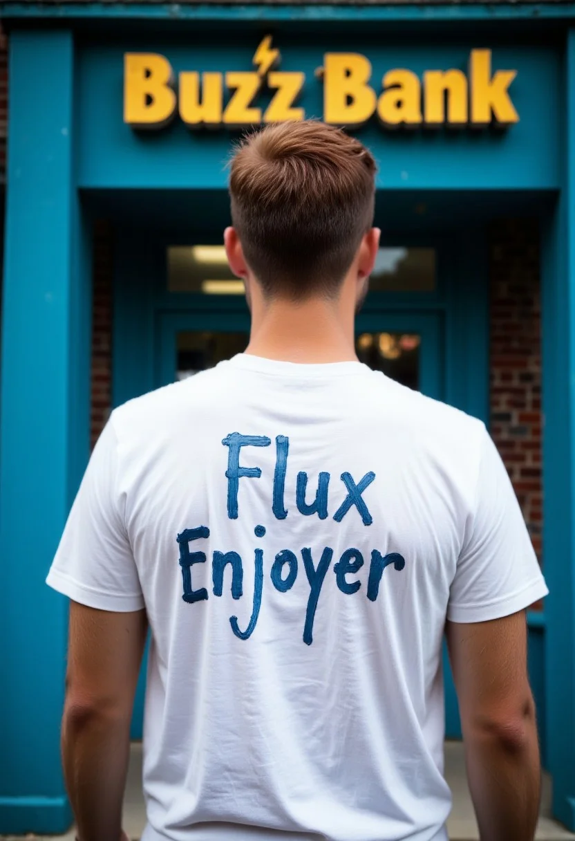 A rear view of a man standing in front of a bank entrance. The bank building is in blue. Above the bank entrance is a sign that says "Buzz Bank" in yellow, with a yellow lightning bolt between the words. On the back of the white man's T-shirt is a funny inscription that says "Flux Enjoyer" in two lines. Highly detailed, realistic. secretlab, detailmaximizer, midjourneyv6.1