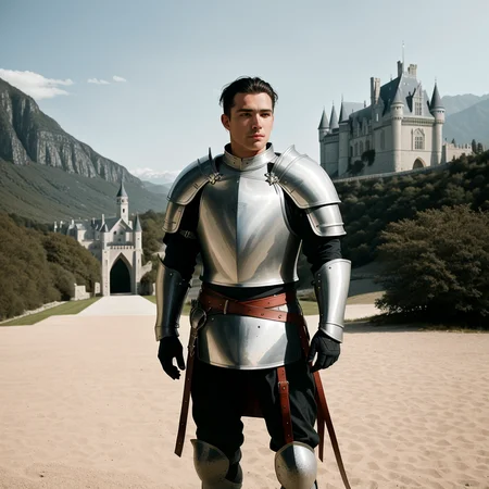 RAW photo, absurdres, high quality, photorealistic,
a portrait of a knight in leather armor, standing outside a castle,
8k uhd, dslr, film grain, Fujifilm XT3, 20 megapixel, detailed, sharp focus,