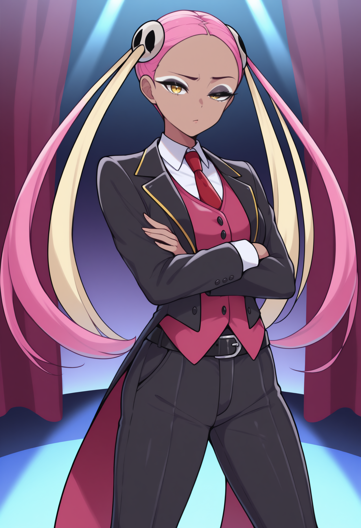 masterpiece, best quality, <break> solo, 1girl, plum3ria, dark-skinned female, makeup, eyeshadow, looking at viewer, standing, crossed arms, long hair, two-tone hair, pink hair, blonde hair, quad tails, skull hair ornament, yellow eyes, uneven eyes, raised eyebrow, black coat, tailcoat, coattails, open coat, long sleeves, black vest, white shirt, collared shirt, red necktie, black pants, belt, stage, curtains, spotlight
<segment:yolo-Anzhc Face seg 640 v2 y8n.pt,0.4,0.5//cid=1>
