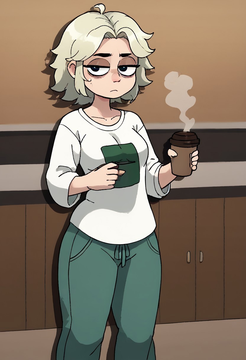score_9, score_8_up, score_7, coffee cup, female, solo, platinum blonde hair, loose shirt, baggy pants, tired expression, coffee shop, fullbody, FuruFlami