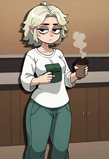 score_9, score_8_up, score_7, coffee cup, female, solo, platinum blonde hair, loose shirt, baggy pants, tired expression, coffee shop, fullbody, FuruFlami