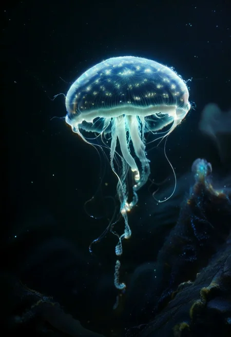 score_9, score_8_up, score_7_up, score_6_up, source anime,
phytoplankton, bioluminescence, sky, cyan glow, photo, no humans, underwater, jellyfish, long tentacles, blue theme, realistic, 
masterpiece, best quality, very aesthetic, absurdres