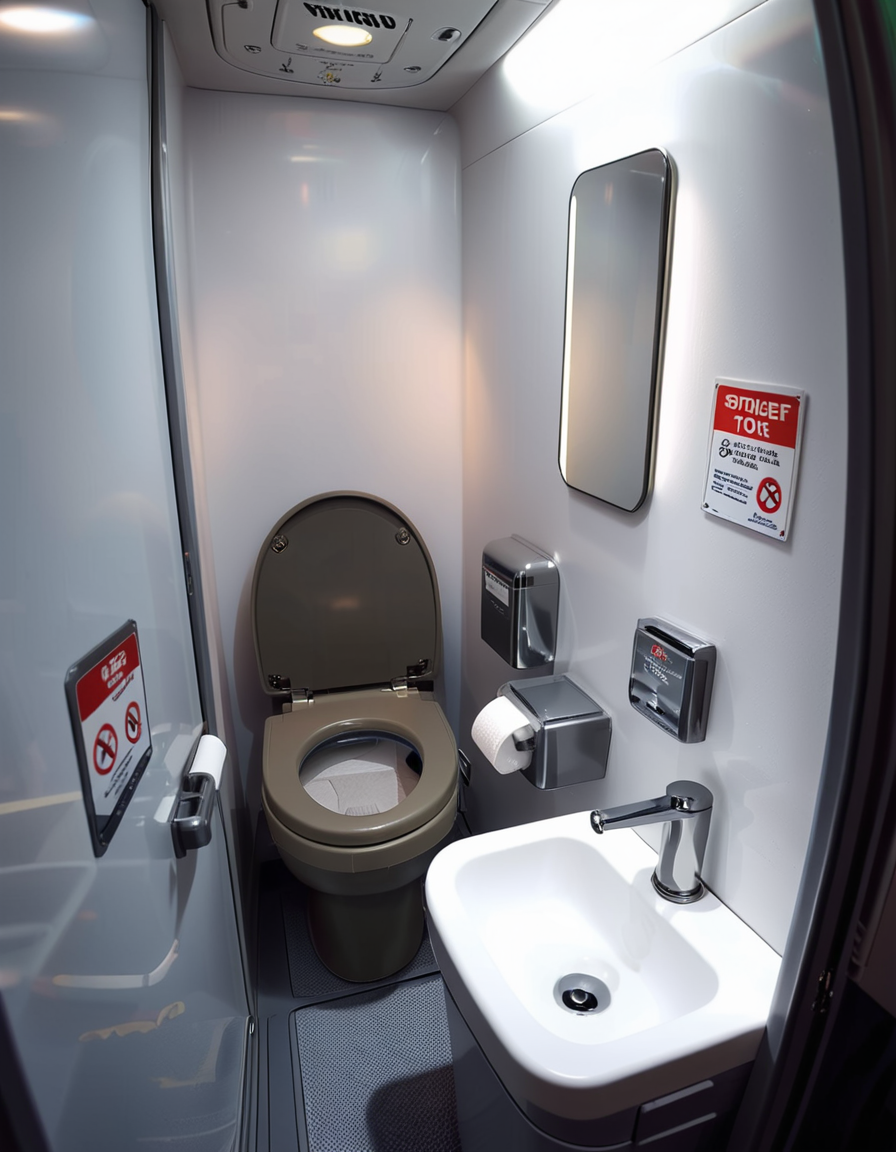 A highly detailed and realistic photograph of an airplane lavatory. The small, compact space features light gray plastic walls with subtle texture, a stainless-steel sink with a motion-sensor faucet, and a mirror reflecting the narrow interior. The toilet is sleek, with a closed lid and a small instruction sticker on top. A soft, dim overhead light illuminates the space, creating a sterile yet functional atmosphere. On the side, a dispenser for paper towels and a built-in trash compartment are visible. The door has a small lock mechanism and an 'Occupied' sign. The floor is dark, non-slip material, and there are small signs with safety instructions in multiple languages. The perspective is slightly wide-angle, capturing the entire space from a slightly tilted angle, emphasizing the compact design. 
<lora:SDXLFaeTastic2400:0.4> <lora:extremely_detailed:0.4> extremely detailed,<lora:airplane_l4v4t0ry:1>,airplane l4v4t0ry, Masterpiece,best quality,hi res,8k,hi res,8k,award winning,(sharp focus, intricate, highly detailed),
