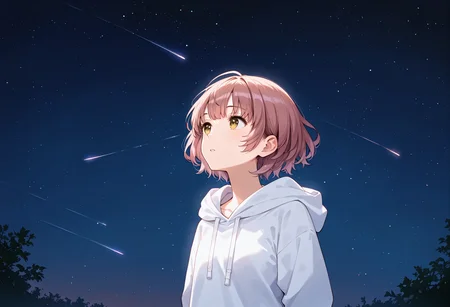 h_ikuta, score_9, score_8_up, best quality,
1girl, closed mouth, cowboy shot, arms behind back, hood, hoodie, long sleeves, looking up, night, night sky, outdoors, brown hair, pink hair, shooting star, short hair, sky, solo, standing, star \(sky\), starry sky, white hoodie, yellow eyes, parted lips
<lora:h_ikutaXL_pony:1>