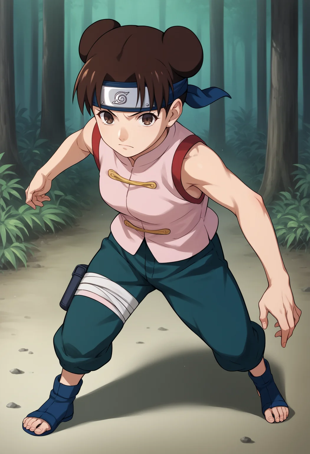 score_9, score_8_up, score_7_up, score_6_up, score_5_up, score_4_up, BREAK, source_anime,
1girl, ytenten, brown eyes, brown hair, short hair, double bun, forehead protector,
konohagakure symbol, bare shoulders, sleeveless shirt, pants, bandages, toeless shoes,
fighting stance, full body,  looking at viewer,  solo, standing, outdoors, forest    <lora:TentenGeninXL:1>