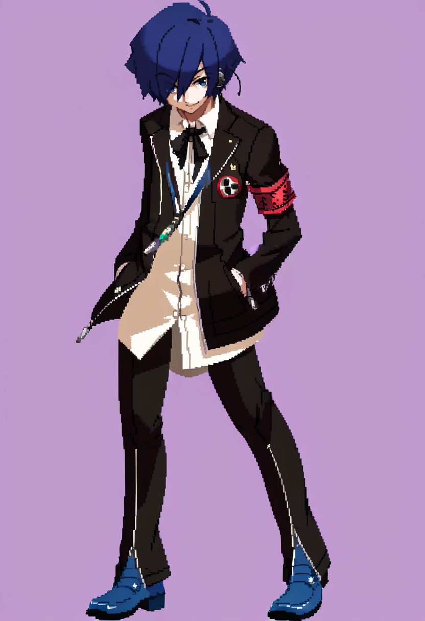 score_9, score_8_up, score_7_up, source_anime, BREAK, solo, 1boy, smirk, looking at viewer, <lora:Under-Night-In-Birth-Sprites-pdxl_Fp:1>, simple background, full body, <lora:MakotoP3-pdxl_Fp:1>, makotop3, school uniform, gekkoukan high school uniform, headphones, blue hair, blue eyes, short short hair, black jacket, black pants, hair over one eye, hand in pocket, looking at viewer, blue footwear, ribbon,armband,