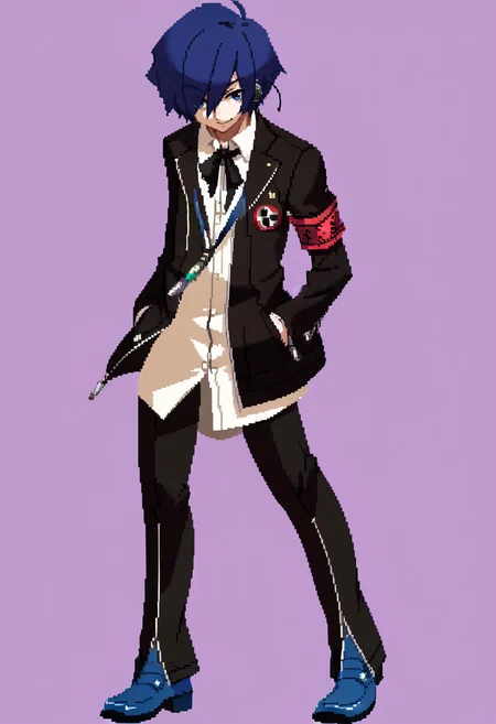 score_9, score_8_up, score_7_up, source_anime, BREAK, solo, 1boy, smirk, looking at viewer, <lora:Under-Night-In-Birth-Sprites-pdxl_Fp:1>, simple background, full body, <lora:MakotoP3-pdxl_Fp:1>, makotop3, school uniform, gekkoukan high school uniform, headphones, blue hair, blue eyes, short short hair, black jacket, black pants, hair over one eye, hand in pocket, looking at viewer, blue footwear, ribbon,armband,